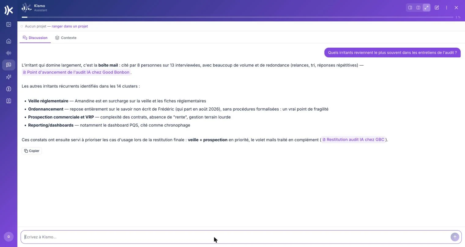 une question posée à l'assistant et sa réponse, avec les souvenirs cités
